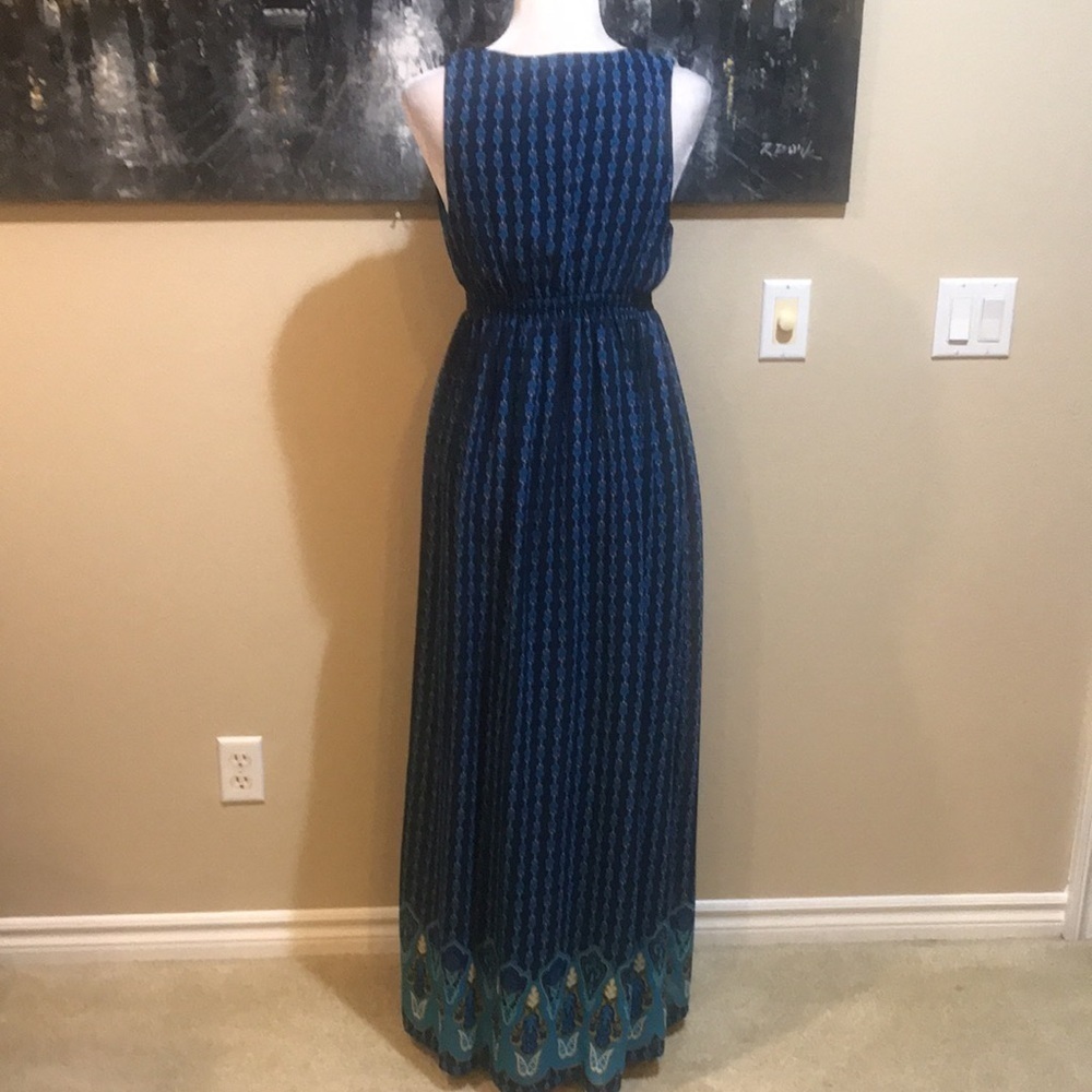 Mossimo Navy Blue/Turquoise/Gold Sleeveless V-Neck Elastic Waist Maxi Dress-M - Picture 5 of 13